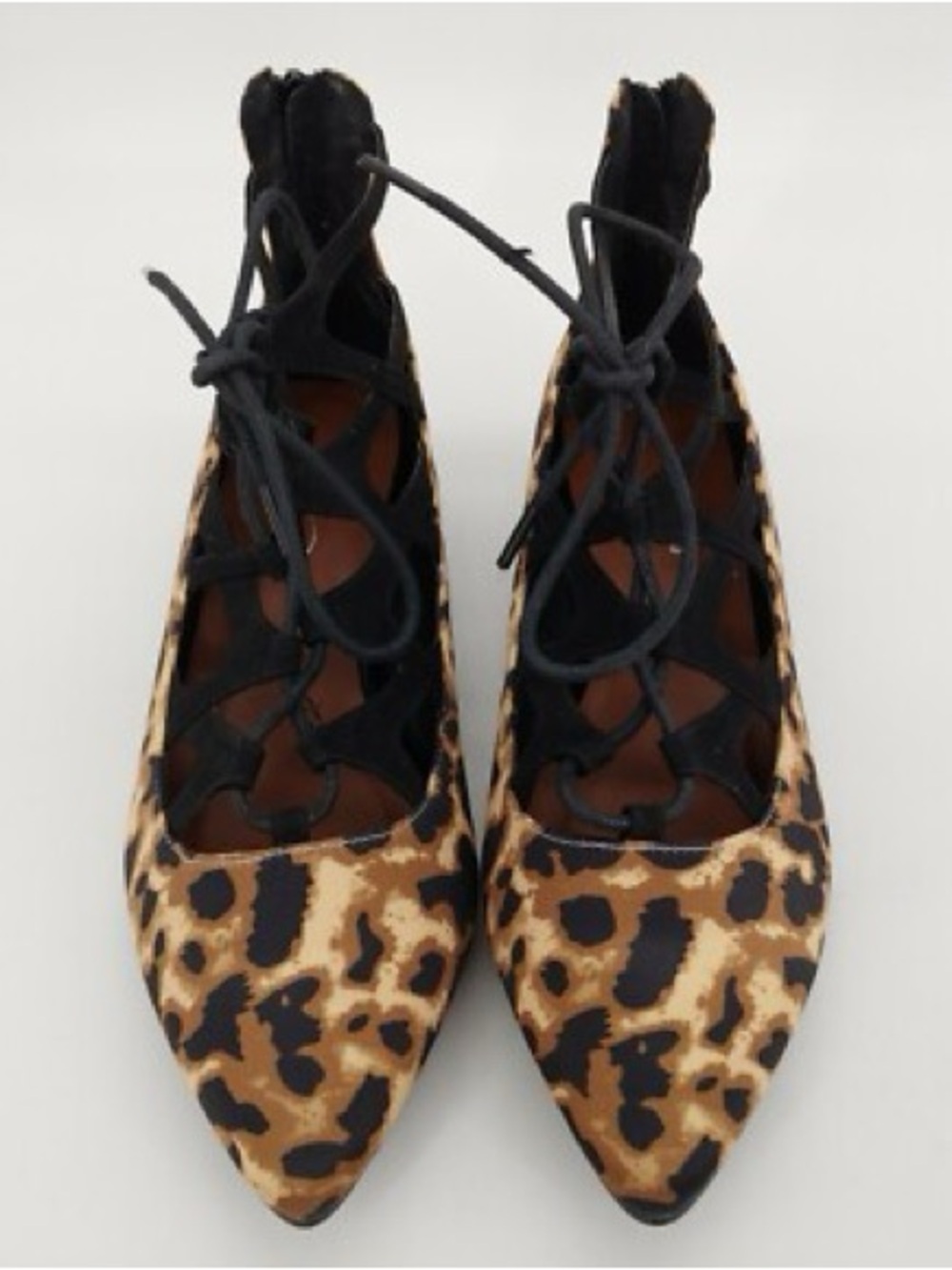 Midnight Velvet Leopard-Print Lace-Up Pointed Flats in Brown and Black